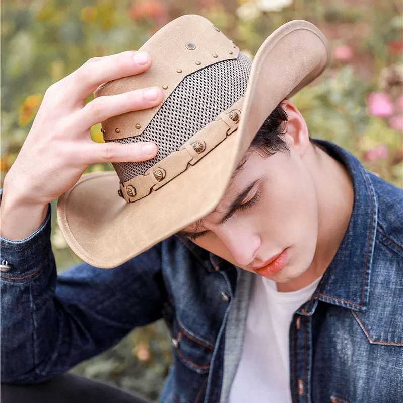 Unisex womens retro breathable mesh leather roll width Brim Sunscreen C beach denim cowboy girl western warm hat 58-60cm W241225