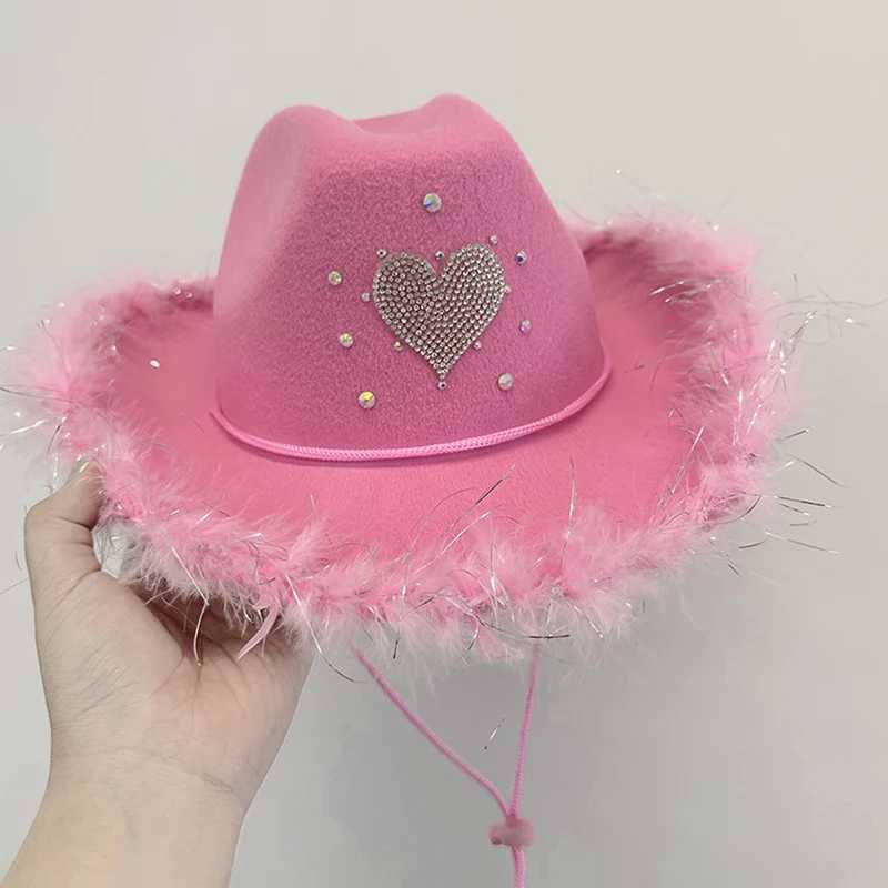 Womens denim hat Rhinestone heart-shaped fuzzy decoration wide Brim C for Fiancee shower bachelor party denim hat W241225