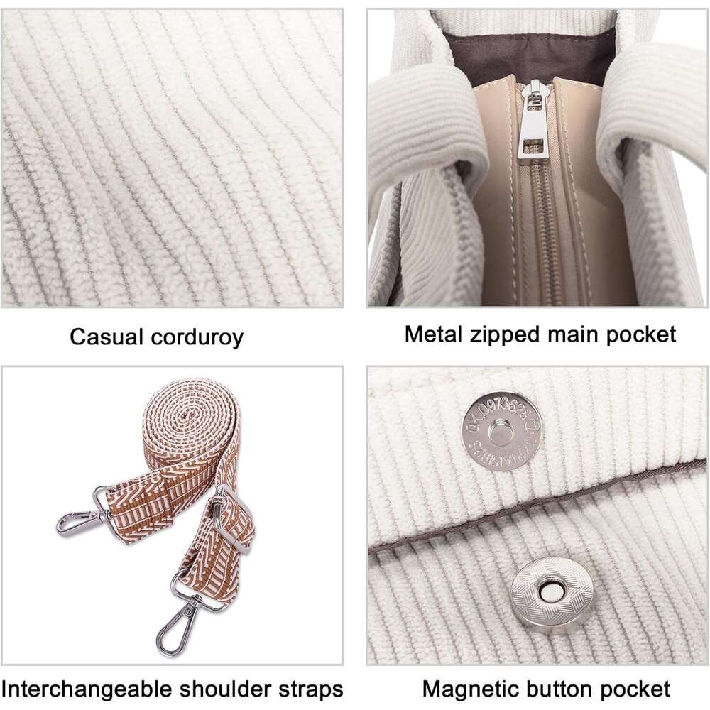 Corduroy For Women Casual Zipper Tote Fashion Shoulder Handbag Hobo Bag