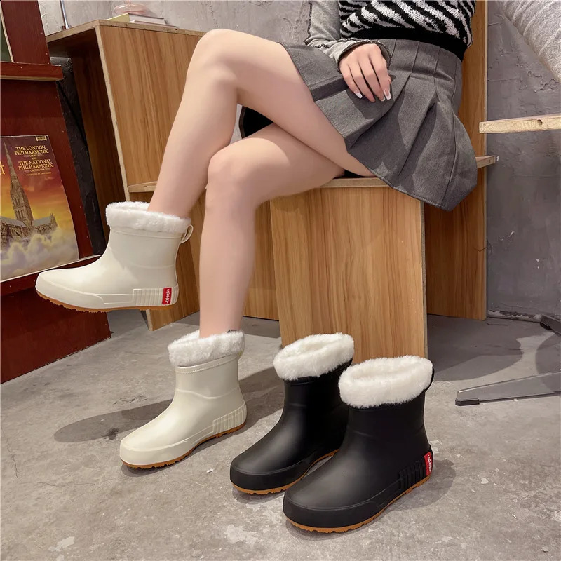 Rubber Shoes Women Warm Waterproof Rain Boots Fashion Slip-on Non-slip Ankle Booties Waterproof Work Short Boots Woman 241226