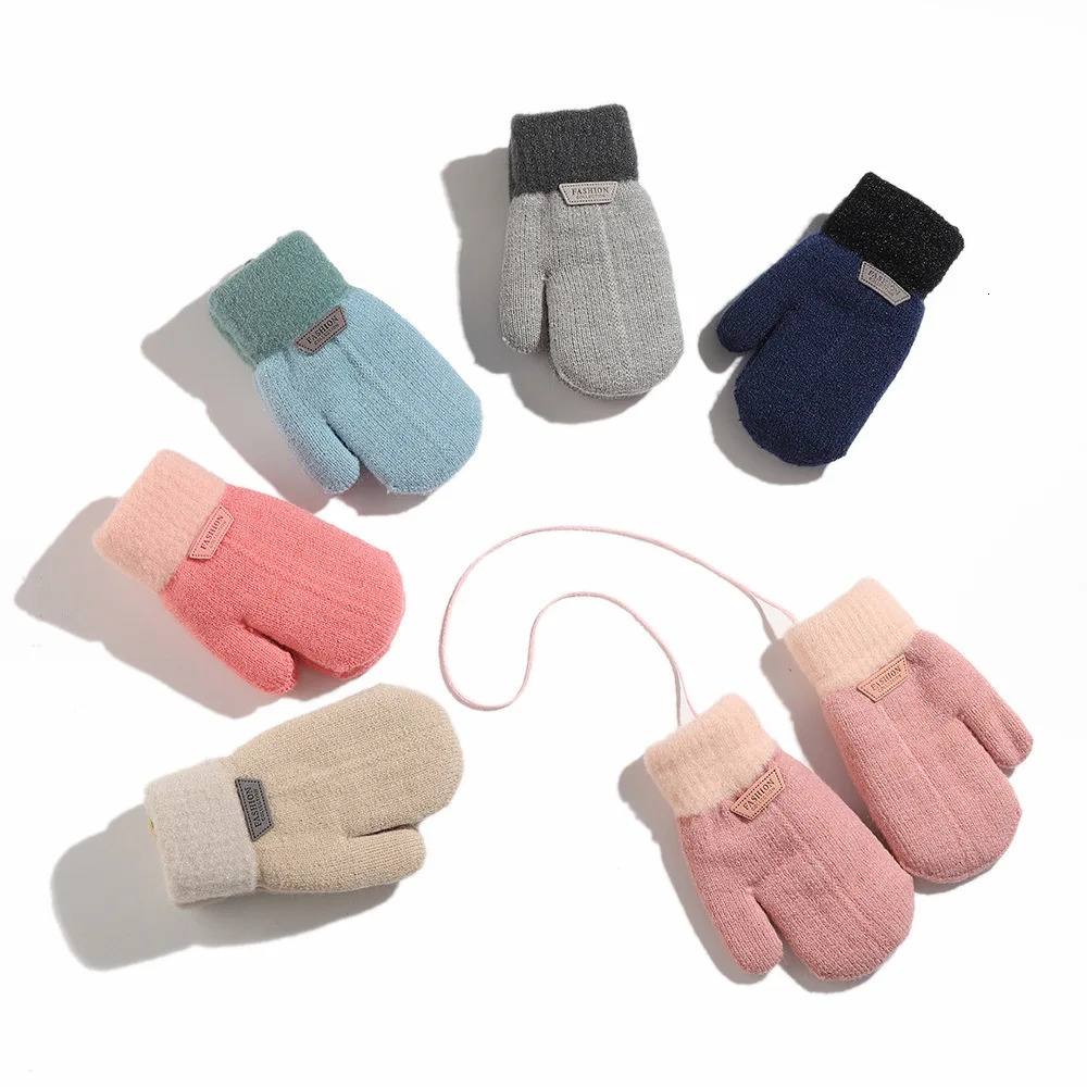 Winter Wool Baby Gloves Plush Lining Knit Kids Mittens Halter Warm Hands Children Fingerless Girls Boys Accessories 16Y 241225