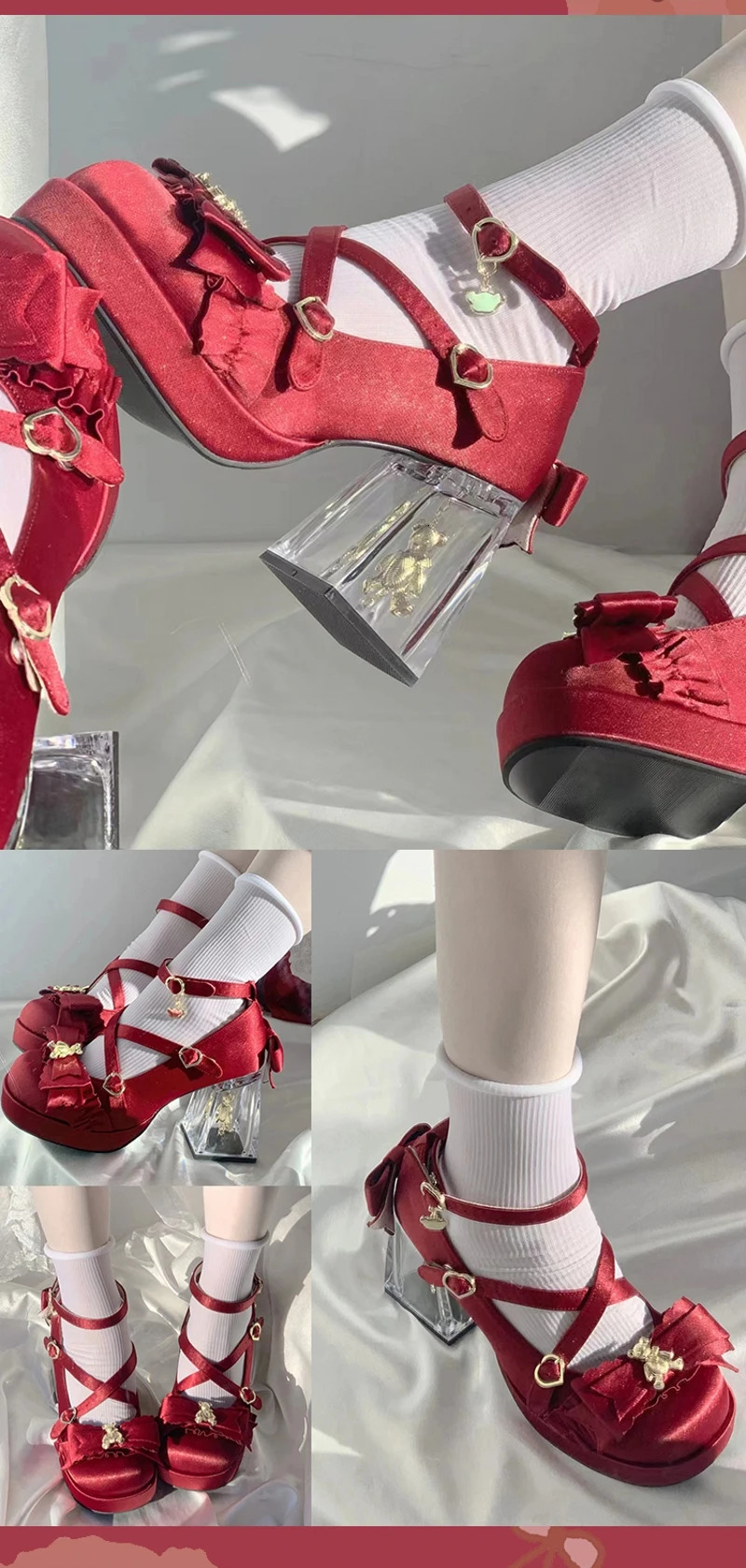 Girls sweet round red bow Platform lolita Shoes for girls High Heel LoliShoes 241225
