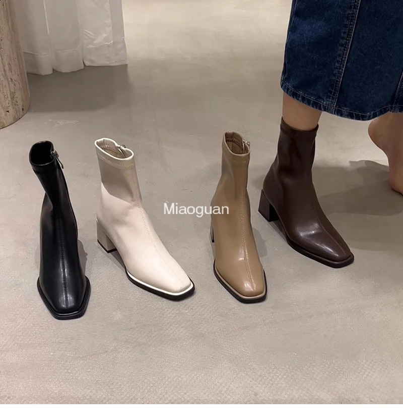 Autumn Heel Ankle Boot Fashion Square Toe Zipper Elegant Ladies White Casual Short Chelsea Boots Soft Leather PU 241226