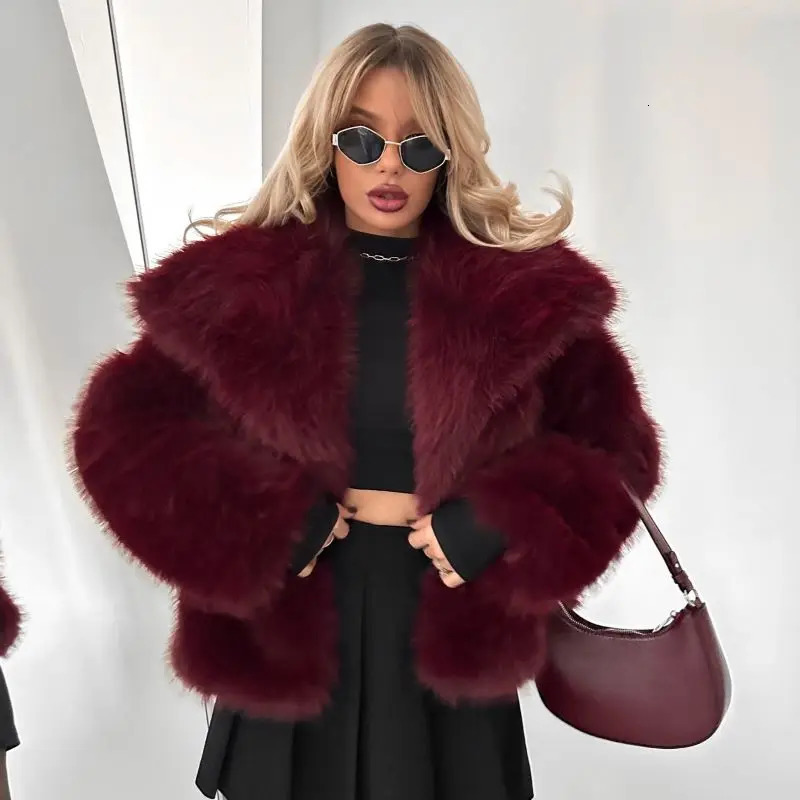 Womens Fashionable Artificial Fur Short Bomber Jacket Chic Solid Long Sleeve Warm Winter Lady High Street Outerwear 241223