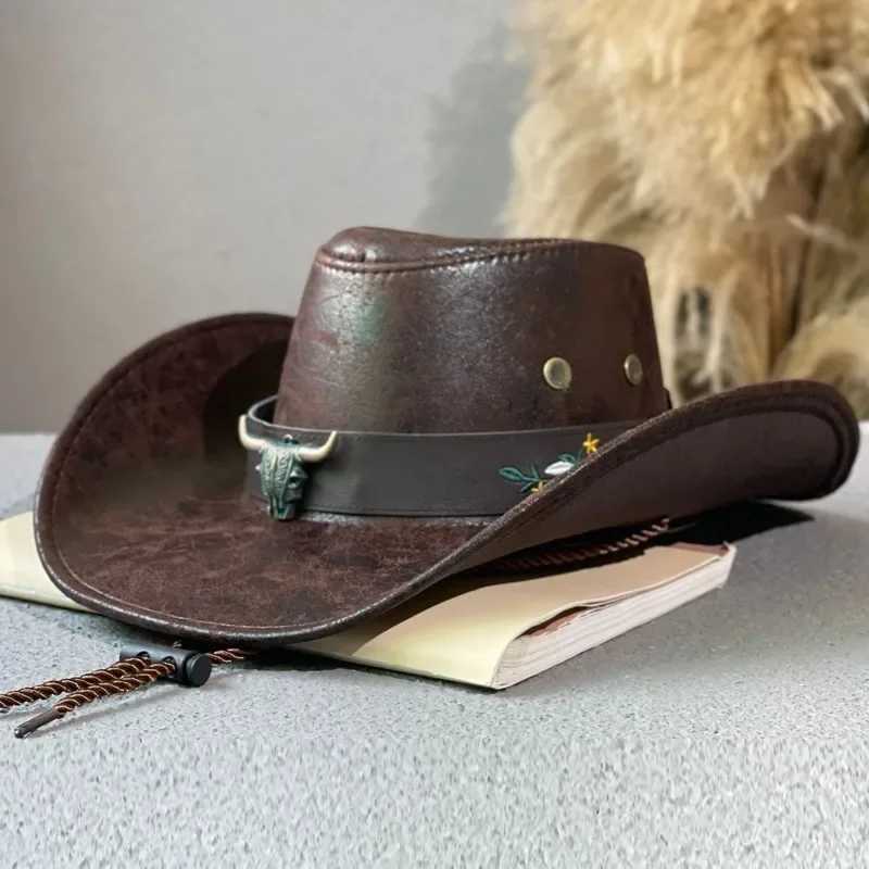 Bull head rivet decoration artificial leather western cowboy hat artificial leather retro mens jazz Dr hat mens cowboy hat W241225