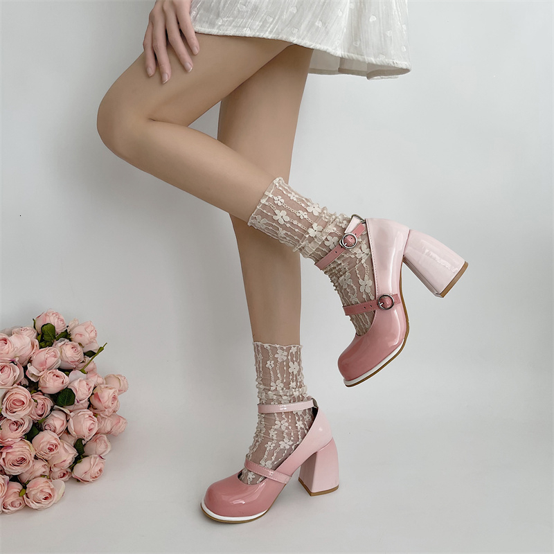 Y2k Patent Leather High Heels Pumps Women 2023 Autumn Ankle Straps Pink Lolita Woman Cute Thick Heeled Mary Janes Shoes
