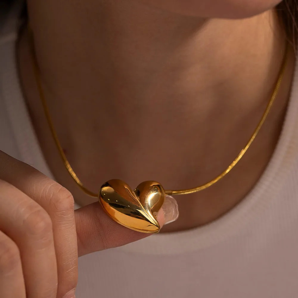Chunky Love Heart Necklace Earrings Jewelry Set Stainless Steel Stud Earrings Snake Chain Pendant Necklace for Women 241226