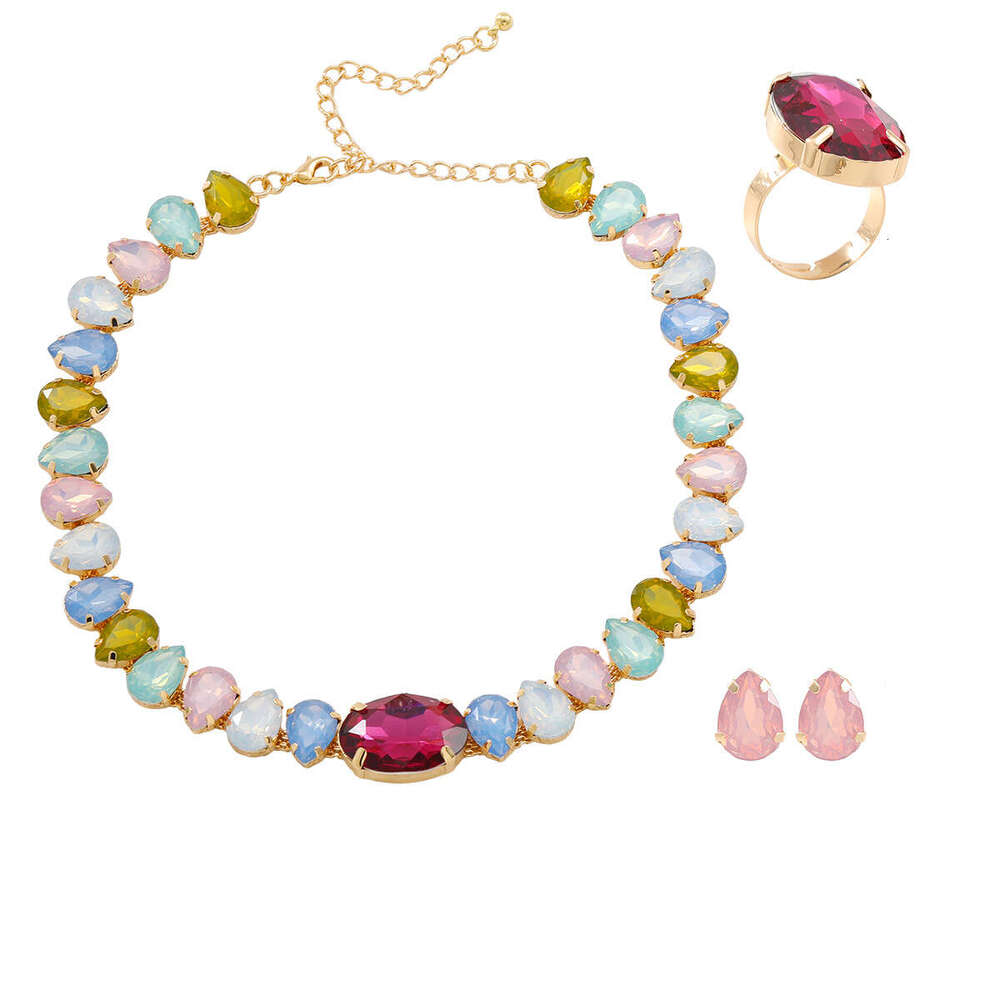 Colorful necklaces, earrings, rings, women's three piece set, trendy rhie inlaid jewelry