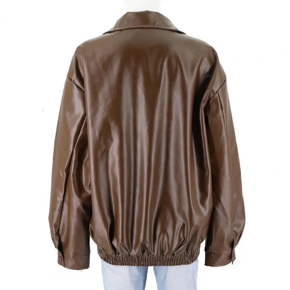 Vintage Women Faux Leather Jacket Long Sleeves Turndown Collar Loose Fit Zipper Pocket Oversized Ladies Female Coat 241223