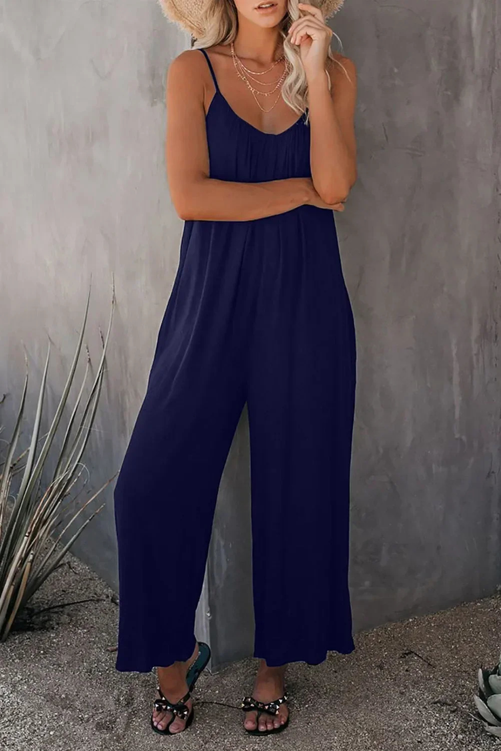 Boho Chic Ruched Jumpsuit with Adjustable Spaghetti Straps Flowy Wide Leg Sleeveless n Perfect Casual Summer Wear for Women 241224