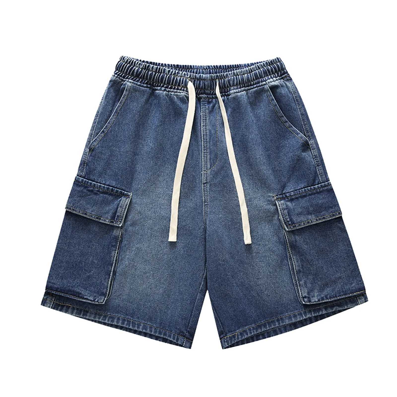 Summer mens loose casual cargo jeans functional denim shorts solid color high elasticity wide leg business pants W241226