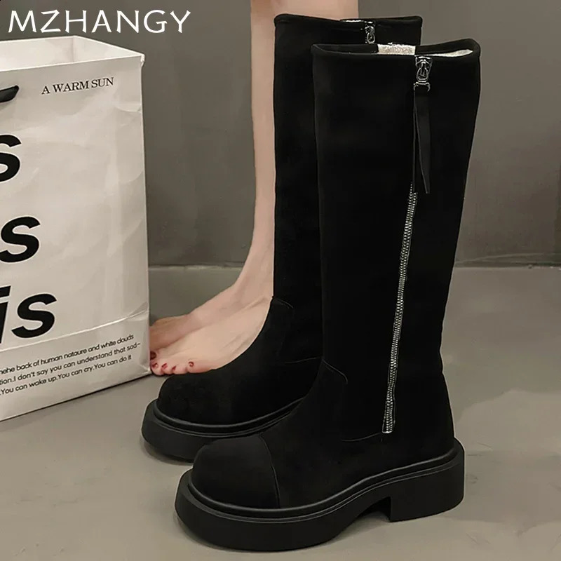 Suede Flats High Boots Women Knee High Zipper Shoes 2025 Trend Fashion Winter Motorcycle Boots Punk Mujer Botas 241226