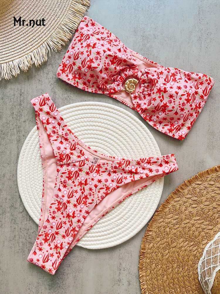 Mr. Nut 2025 popular printed strapless bikini set with low waistband European and American fashion BiquiniW241225
