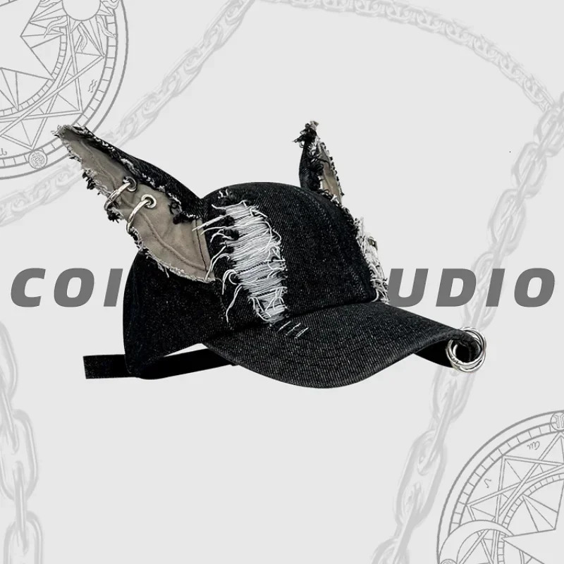 Black Y2K Devil Ears Denim Baseball Caps Women Summer Autumn Personality Versatile Retro Ripped Style Hip Hop Mens Hats 241225