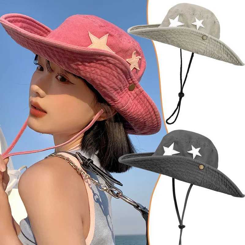 Y2K Pink Star Wild Western Cowboy Cs Neutral Collar Dr Rope Adult Size Fashion Trench Cowboy Cloth Adjustable Bucket Hat W241225