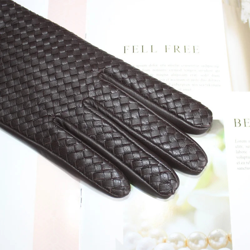 Womens Sheepskin Gloves Touch Screen Leather Fashion Sheepskin Woven Warm Wool Knitted Lining Driving Gloves High end 241226