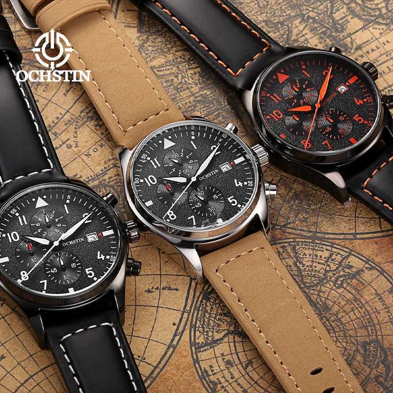 OCHSTIN genuine waterproof sports mens watch three eye calendar quartz watch fashion leather strap mens casual Wirstwatch M241226