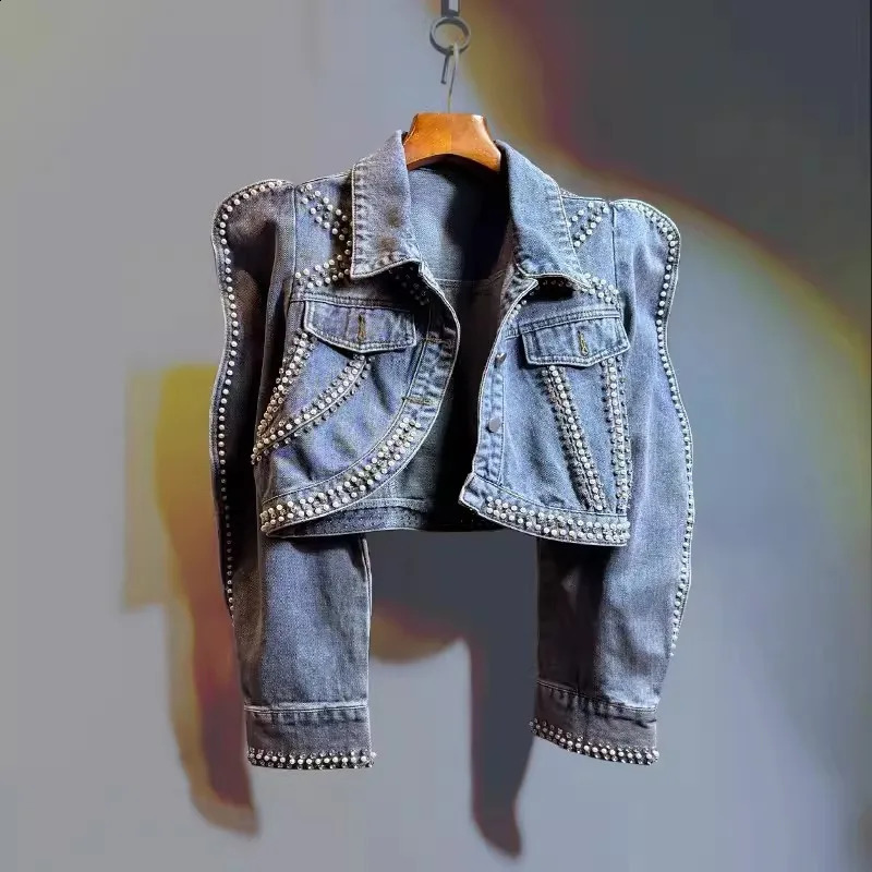 Pearl Bead Diamonds Light Blue Short Denim Jacket Irregular Single-breasted Puff Sleeve Jeans Jacket Spring Women Streetwear 241223