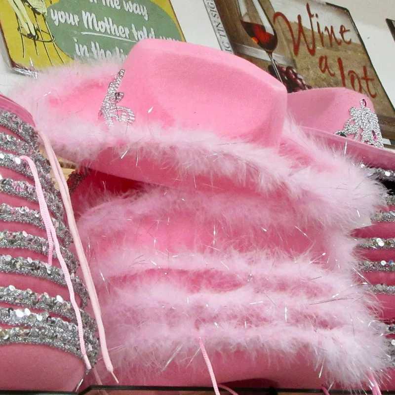 2024 Pink Feather Western Cowboy Hat Womens UK Retro Jazz Cs Theme Party Halloween Carnival Hat Wide Brown Wool Felt Hat W241225