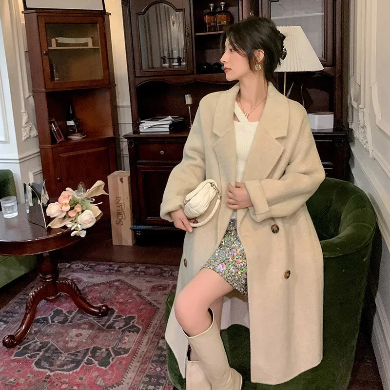 Highgrade alpaca doublesided cashmere coat womens midlength loose 2024 autumnwinter woolen thickened 241225