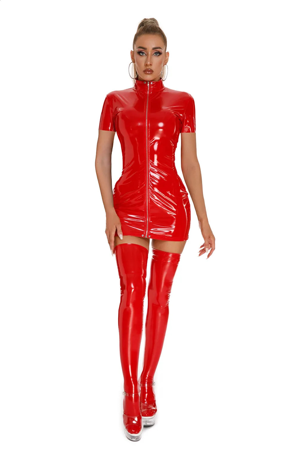 Slim PU Patent Leather Sheath Dress Women Sexy Dresses Fashion Latex Patent Leather Bodycon Dress Wetlook Zipper Mini Dress 241226