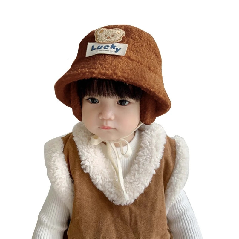AutumnWinter Bear Wool Bucket Hat for Kids Warm Lovely Comfortable 241225
