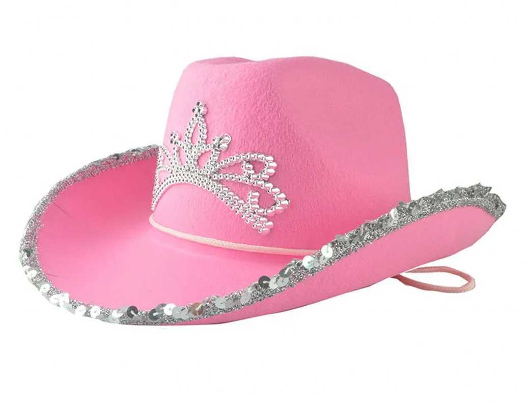 Crown Pink Cowboy Cs Western Cowgirl Hat for Women Girl Feather Edge/Shiny Opening Decoration Cowboy Hat Party Fedora C Cs W241225