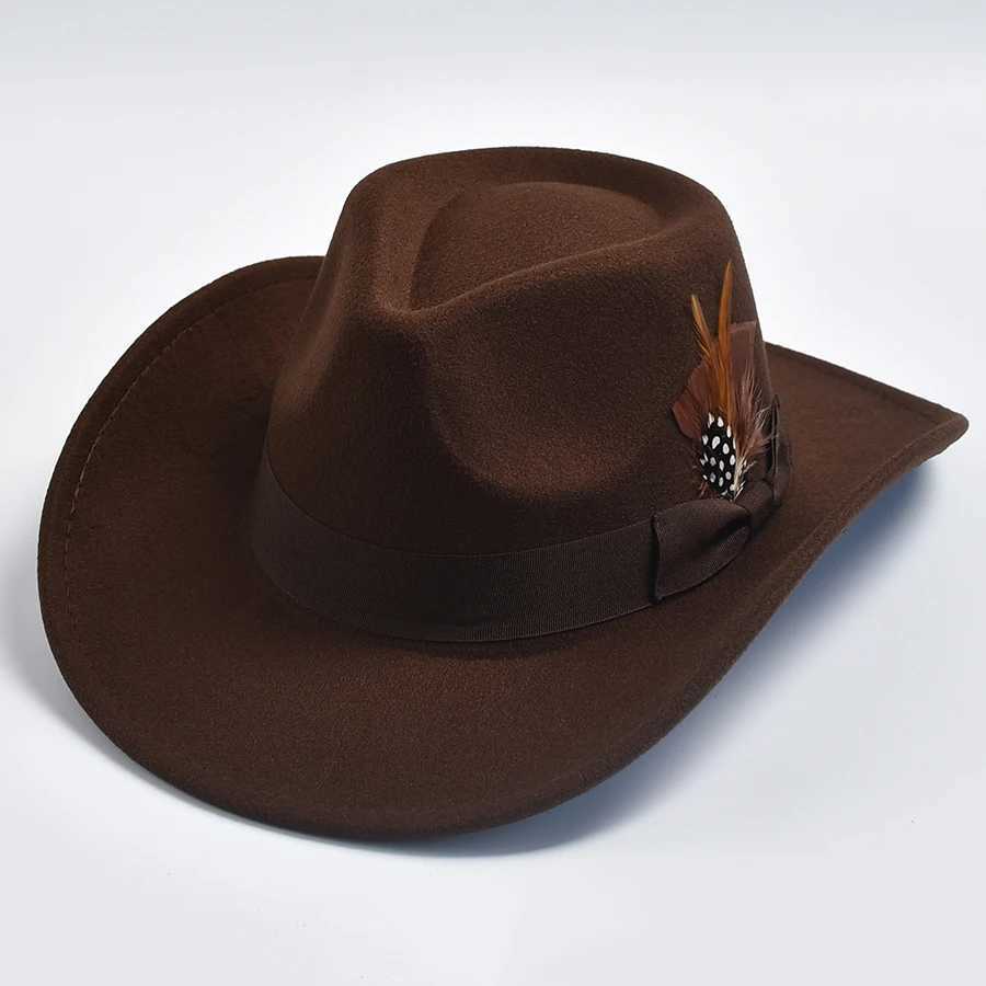 Mens Wool Blended Feather Hat Curled Brim Mens Cowboy Hat W241225