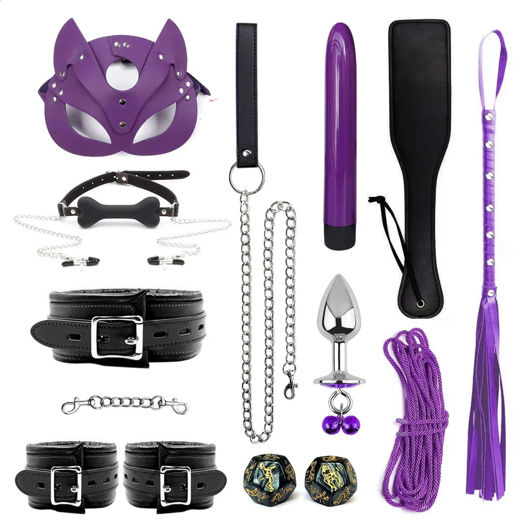 BDSM Bondage Restraint Set Sex Handcuffs Whip Anal Beads Butt Plug Anal Plug Bullet Vibrator Sex Toys for Woman Adult S M Fetish 241226