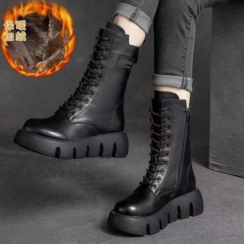 Winter Leather Women Boots Round Toe Mid-heel Ankle Boots for Women Lace Up Warm Snow Boots Retro Lady Platform Bikerboots Women 241226
