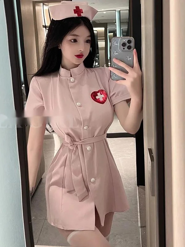 Sexy Nurse Performance Costumes Tie Up Female Off White Belt Loose Dress Role-playing JK Uniform Soft Girl Trendy Clothes 2V9U 241226