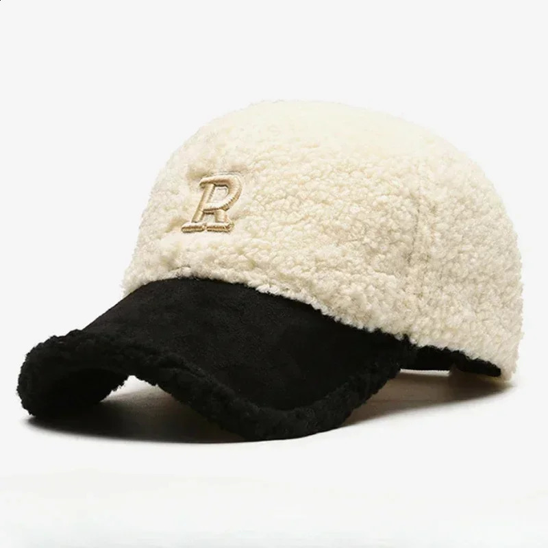 Trendy Big Letter Embroidery Men Winter Hats White Brown Lambswool Baseball Cap for Women Warm Plush Trucker Hats Gorras 241226