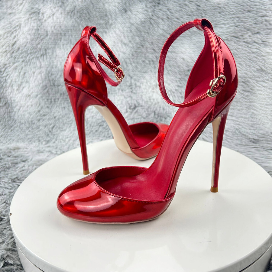 Laser Red Patent Leather Women Ankle Strap D'orsay Pumps 12Cm High Heels Cute Mary Jane Red Inside Stilettos Party Shoes