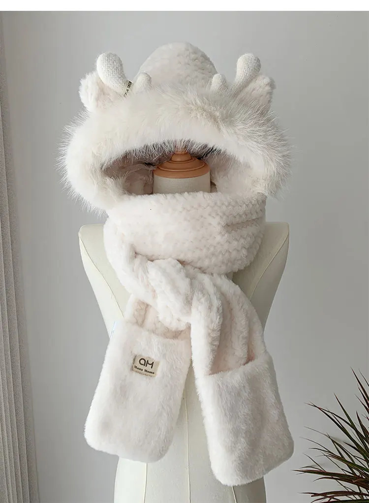Fashion Elk Antlers Plush Hat Scarf Gloves Womens Winter Ear Protector Thickened Lei Feng Hat Cycling Ski Cap Wind Proof 241225