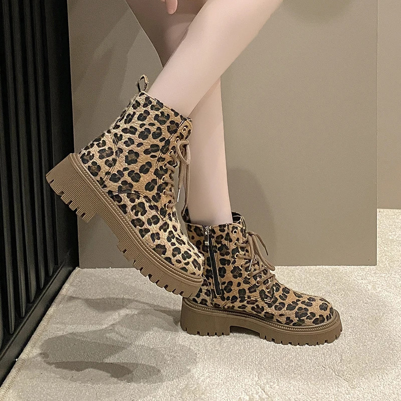 Shoes for Women Cross-tied Womens Boots Fashion Leopard Print Casual Boots Women Side Zipp Round Toe Ankle Boots 241226