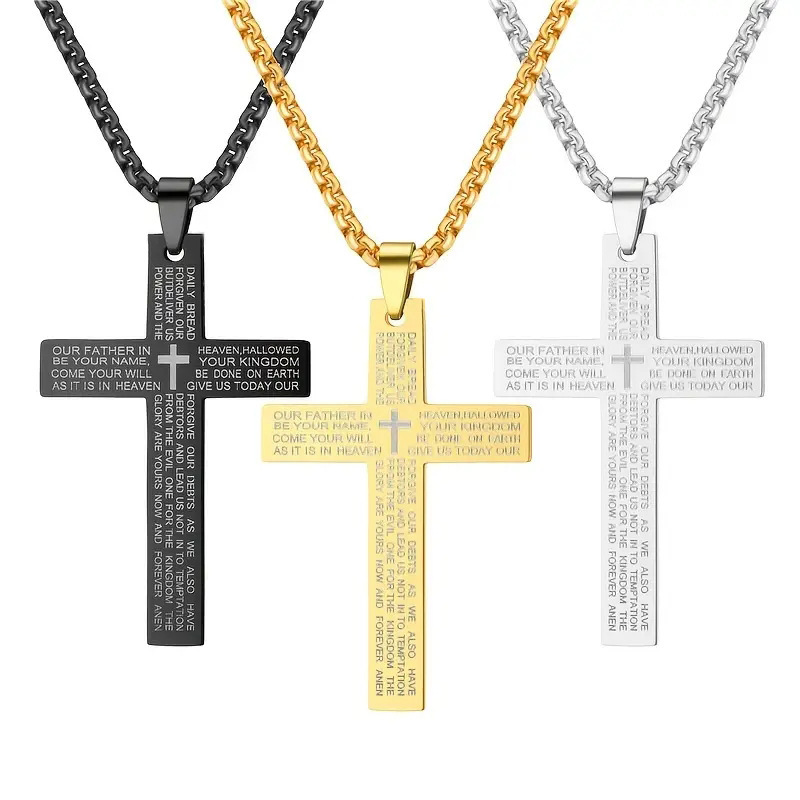 Titanium Steel Bible Cross Pendant Necklace 18K Gold Silver Black Christianity Necklace with Long Chain Stainless Steel Sweater Chain Cross Necklace f