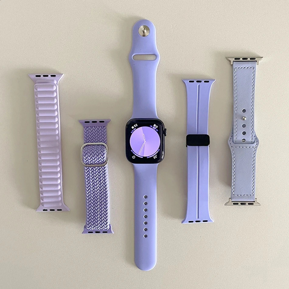 Lavender Purple Nylon Magnetic Silicon Strap For Watch Band S10 9 8 7 6 SE 38/40/41/42/44/45/46/49mm Bracelet 241220