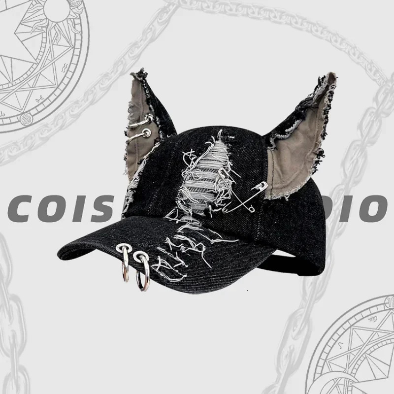 Black Y2K Devil Ears Denim Baseball Caps Women Summer Autumn Personality Versatile Retro Ripped Style Hip Hop Mens Hats 241225