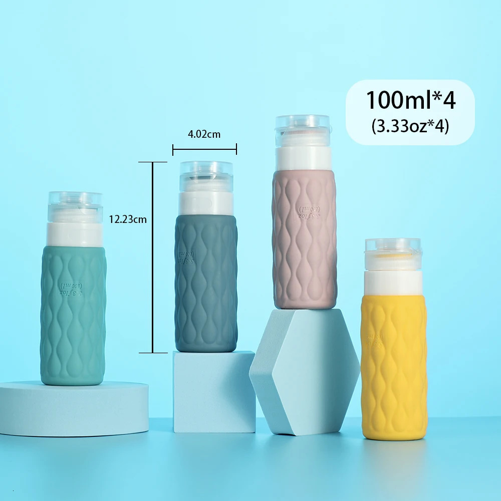 4pcs 100ml Silicone Travel Bottles Set for Toiletries Leak Squeezable for Cosmetic Shampoo Cream Conditioner Lotion Soap 241225