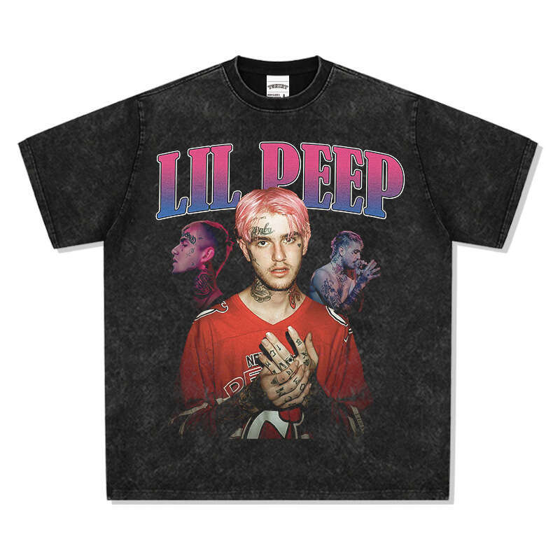 Hip hop lil peek printed high street short sleeved T-shirt vintage washed pure cotton round neck hooded sweatshirt