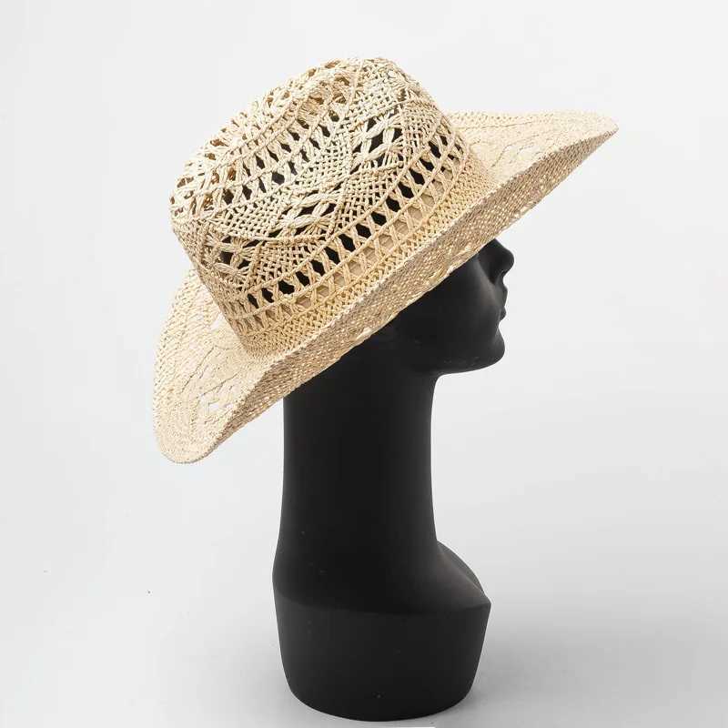 Cowboy Summer Mens Hat Western Hollow Handmade Str Jazz Sun Hat Beach Womens Cowboy Girl C Hot Pink Solid Sombrero Hombre W241225