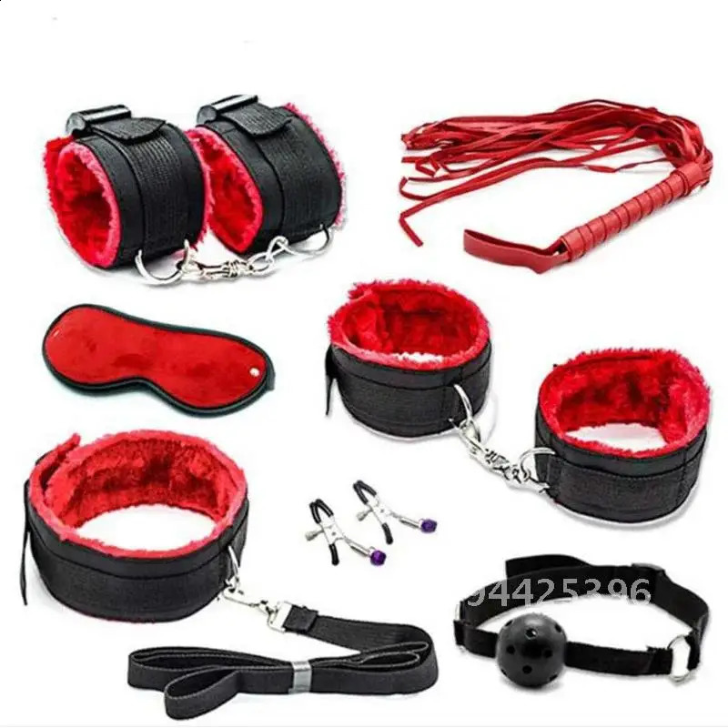 BDSM Bondage Set Sexy Plush Handcuffs Leather Whip Mouth Ball Gag Nipple Clamps Kits Sex Toys For Couples Two Exotic Accessories 241226