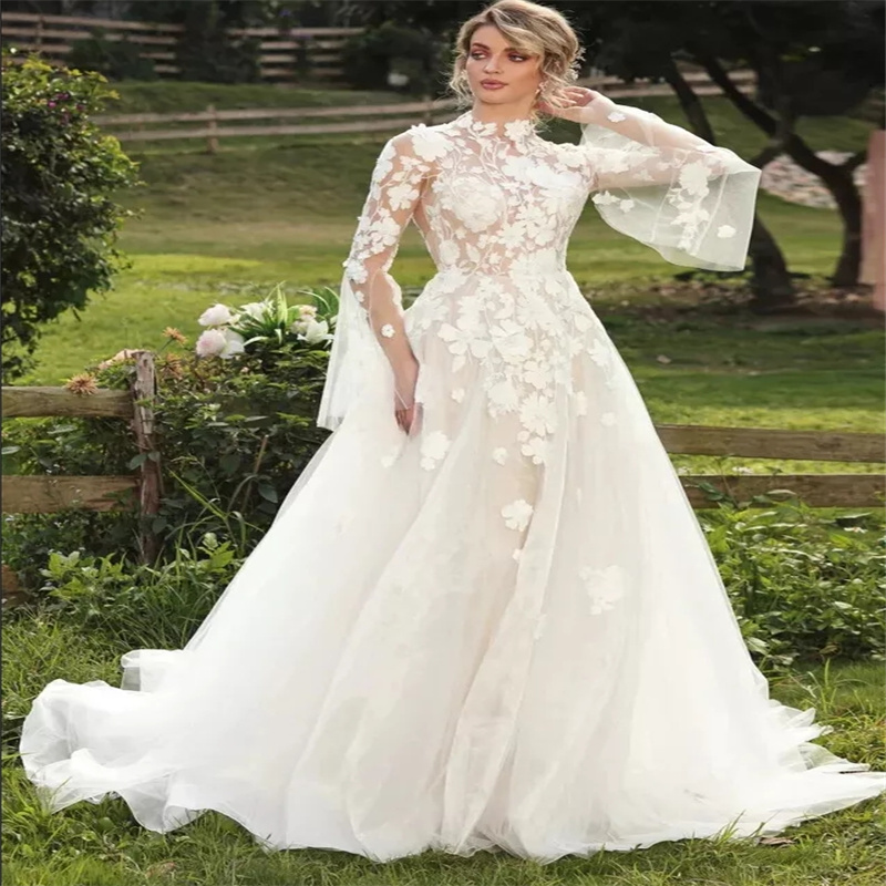 Gorgeous Lace Boho Wedding Dress 2025 High Neck Long Sleeve Fairy Bohemian Bridal Dress Open Back Princess Bride Dress Elegant Vestio De Novias Beach 