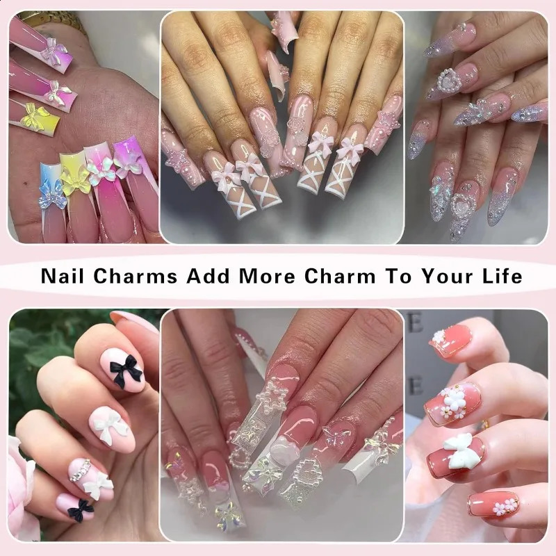 12Grids/box Mixed Resin Bowknot Nail Art Decorations 3D Acrylic Charms Kawaii Colorful Bow Rhinestone DIY Manicure Tools Parts 241226