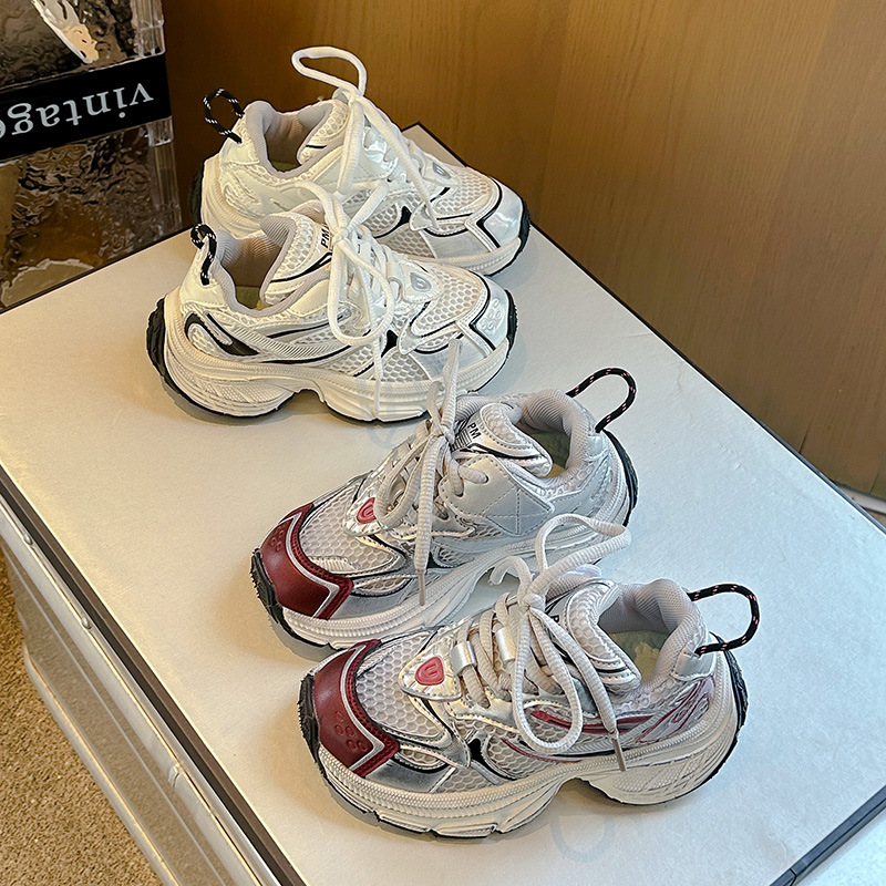 Daddy Shoes Female Ins Tide Outdoor Spring And Summer Thick Bottom Sneakers Mesh Designer Shoes Silver White Casual Shoes Size 28-40 For Children