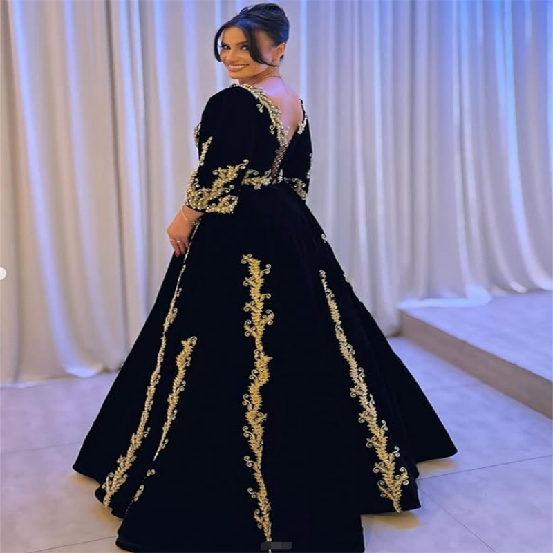 Traditional Kosovo Albanian Evening Dress Black With Gold Lace Islamic Turkish Elegant Arabic Dubai Prom Dress Birthday Sleeves Formal Occasion Party 