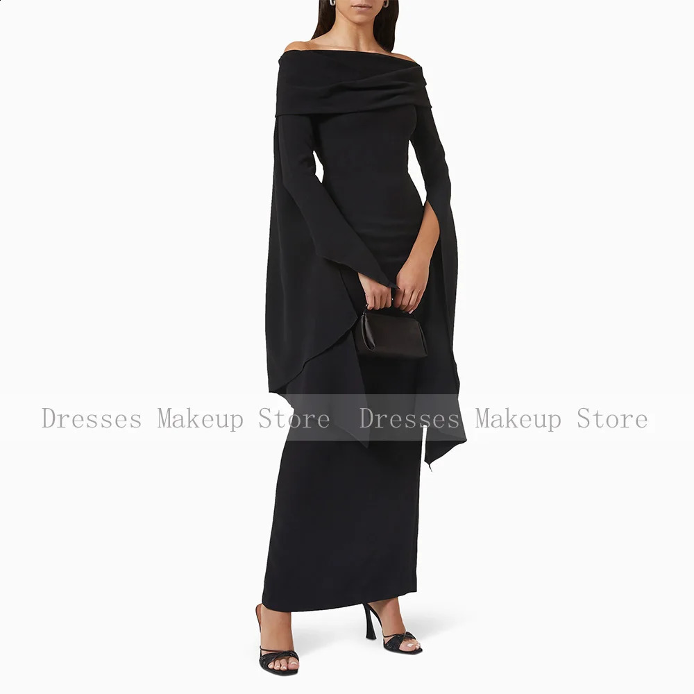 Black Wedding Guest Gowns for Women Off the Shoulder Column Formal Party Dresses Maxi Long Sleeves Elegant Evening Dress 241223