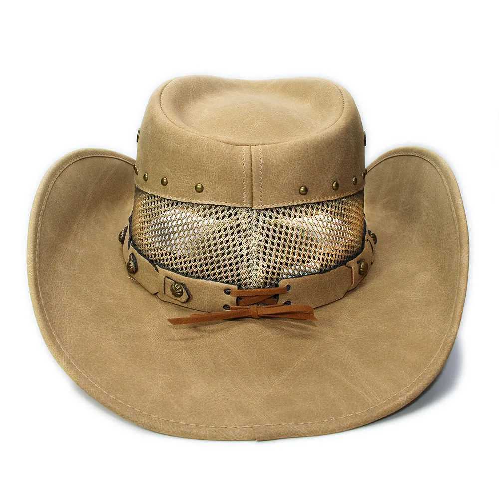 Unisex womens retro breathable mesh leather roll width Brim Sunscreen C beach denim cowboy girl western warm hat 58-60cm W241225