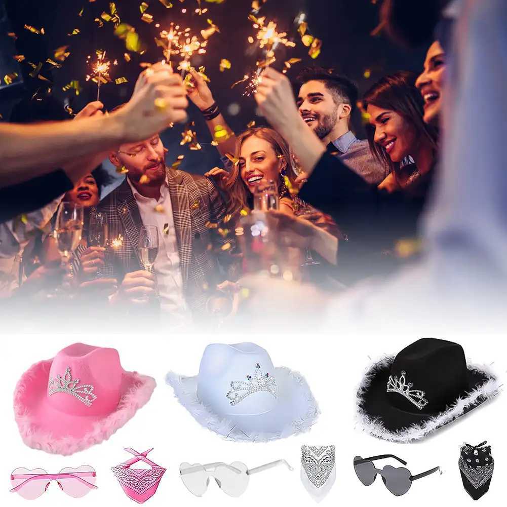 Pink Headpiece Western Cowboy Hat Set Womens Girls Curly Hair Fedora Cs Feather Edge Beach Cowboy Hat Shining Western Party C W241225