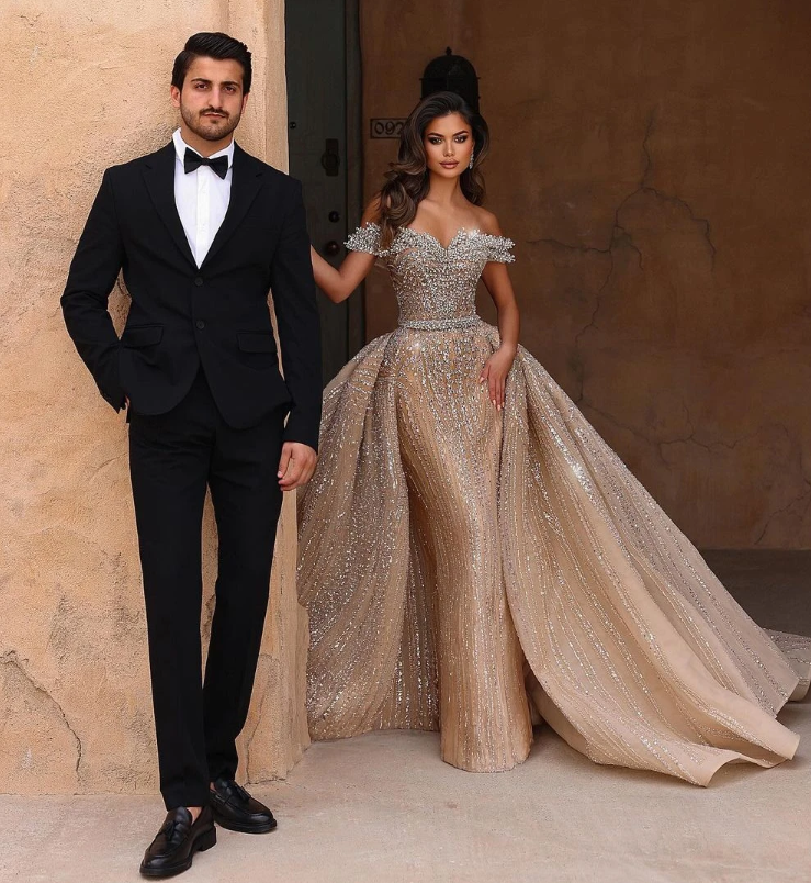 New Fashion Elegant Mermaid Wedding Dresses Off Shoulder Sleeveless Sequins Appliques Embroidery Lace Bridal Gowns Custom Made Vestidos De Novia
